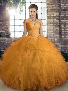 Stunning Orange Ball Gowns Off The Shoulder Sleeveless Tulle Floor Length Lace Up Beading and Ruffles Quinceanera Gowns