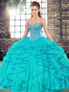 Fitting Aqua Blue Sweetheart Neckline Beading and Ruffles Vestidos de Quinceanera Sleeveless Lace Up