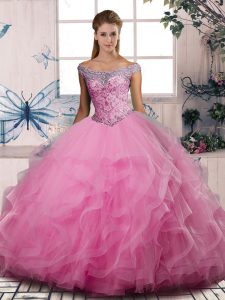 Cute Rose Pink Off The Shoulder Neckline Beading and Ruffles Sweet 16 Dresses Sleeveless Lace Up