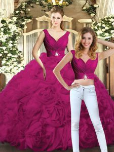 Hot Sale Beading Ball Gown Prom Dress Fuchsia Backless Sleeveless Floor Length