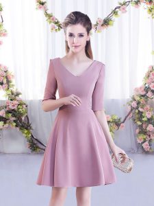Pink A-line V-neck Half Sleeves Chiffon Mini Length Zipper Ruching Dama Dress for Quinceanera