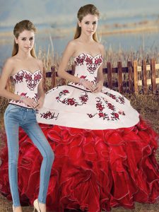 White And Red Lace Up Sweetheart Embroidery and Ruffles and Bowknot Sweet 16 Quinceanera Dress Organza Sleeveless