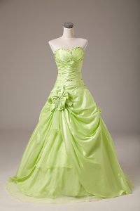 Superior Sweetheart Sleeveless Quince Ball Gowns Floor Length Beading and Hand Made Flower Yellow Green Organza
