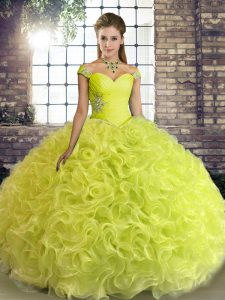 Nice Off The Shoulder Sleeveless Quinceanera Gowns Floor Length Beading Yellow Green Fabric With Rolling Flowers