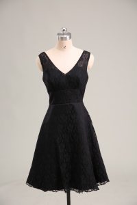 Modern Lace V-neck Sleeveless Zipper Lace Prom Dress in Black