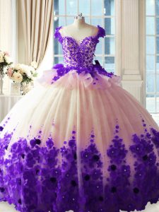 Superior White And Purple Ball Gowns Hand Made Flower Ball Gown Prom Dress Zipper Tulle Sleeveless