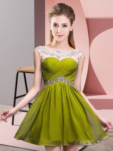 Comfortable Olive Green Sleeveless Beading and Ruching Mini Length Prom Dress