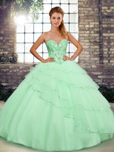 Artistic Tulle Sleeveless Sweet 16 Dress Brush Train and Beading and Ruffled Layers