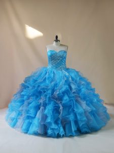 Glorious Beading and Ruffles Sweet 16 Dress Baby Blue Lace Up Sleeveless Floor Length