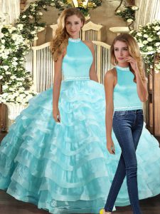 Ball Gowns Sweet 16 Quinceanera Dress Aqua Blue Halter Top Organza Sleeveless Floor Length Backless