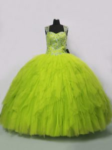 Floor Length Yellow Green Quinceanera Gowns Straps Sleeveless Lace Up