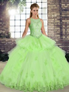 Yellow Green Sleeveless Floor Length Lace and Embroidery and Ruffles Lace Up Vestidos de Quinceanera