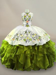 Chic Olive Green Side Zipper Halter Top Embroidery and Ruffles Quinceanera Gowns Organza Sleeveless