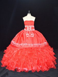 Wonderful Red Ball Gowns Organza Strapless Sleeveless Embroidery and Ruffles Floor Length Lace Up Vestidos de Quinceanera