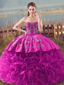 Sweetheart Sleeveless Brush Train Lace Up Vestidos de Quinceanera Fuchsia Fabric With Rolling Flowers