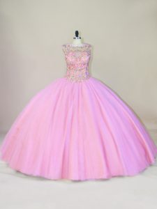 Admirable Pink Tulle Lace Up Scoop Sleeveless Sweet 16 Quinceanera Dress Beading