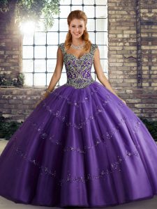 Purple Lace Up Straps Beading and Appliques Quinceanera Dresses Tulle Sleeveless
