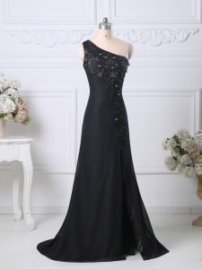 Luxury Black Sleeveless Taffeta Brush Train Side Zipper Evening Dress