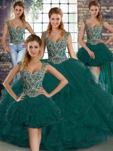 Simple Peacock Green Straps Lace Up Beading and Ruffles Quince Ball Gowns Sleeveless