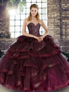 Burgundy Tulle Lace Up Vestidos de Quinceanera Sleeveless Floor Length Beading and Ruffles