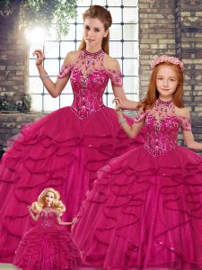 Most Popular Fuchsia Tulle Lace Up Vestidos de Quinceanera Sleeveless Floor Length Beading and Ruffles