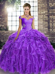 Fancy Lace Up 15 Quinceanera Dress Lavender for Military Ball and Sweet 16 and Quinceanera with Beading and Ruffles Brush Train