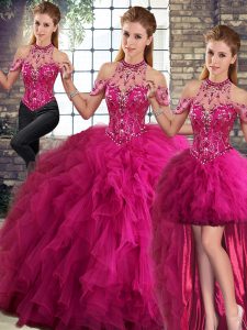 Sleeveless Beading and Ruffles Lace Up Quince Ball Gowns