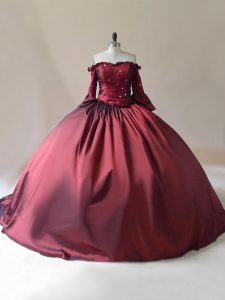 Fine Burgundy Lace Up Off The Shoulder Beading Sweet 16 Quinceanera Dress Satin Long Sleeves Brush Train
