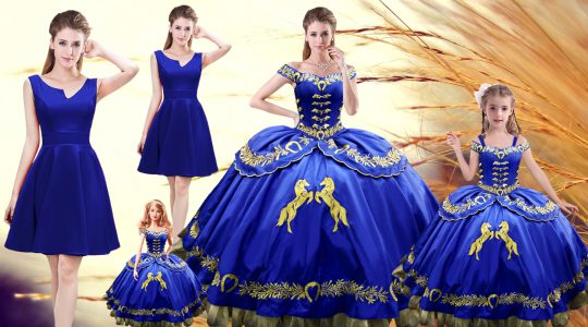 High End Ball Gowns Quinceanera Gown Royal Blue Off The Shoulder Satin Sleeveless Floor Length Lace Up