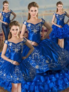 Latest Royal Blue Ball Gowns Embroidery and Ruffled Layers Quince Ball Gowns Lace Up Satin and Organza Sleeveless Floor Length