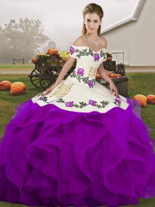 Edgy White And Purple Quinceanera Dresses Military Ball and Sweet 16 and Quinceanera with Embroidery and Ruffles Off The Shoulder Sleeveless Lace Up