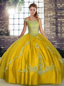 Shining Off The Shoulder Sleeveless Tulle Sweet 16 Dress Beading and Embroidery Lace Up
