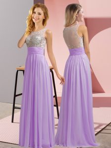 Scoop Sleeveless Dama Dress for Quinceanera Floor Length Beading Lavender Chiffon