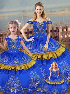 Blue Lace Up Quinceanera Gowns Embroidery Sleeveless Floor Length