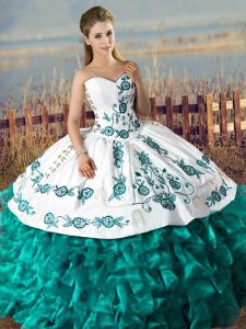 Sweetheart Sleeveless Quince Ball Gowns Floor Length Embroidery and Ruffles Teal Satin and Organza