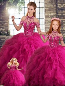 Tulle Halter Top Sleeveless Lace Up Beading and Ruffles 15 Quinceanera Dress in Fuchsia