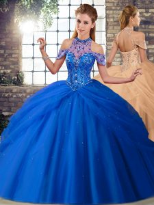 Luxury Blue 15th Birthday Dress Halter Top Sleeveless Brush Train Lace Up