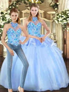 Blue Quinceanera Dress Military Ball and Sweet 16 and Quinceanera with Embroidery Halter Top Sleeveless Lace Up