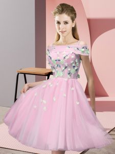 Short Sleeves Tulle Knee Length Lace Up Quinceanera Dama Dress in Baby Pink with Appliques