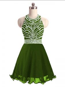 Hot Selling Olive Green Halter Top Neckline Beading Prom Gown Sleeveless Lace Up