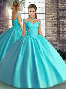 Floor Length Lace Up Vestidos de Quinceanera Aqua Blue for Military Ball and Sweet 16 and Quinceanera with Beading