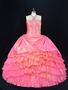Organza Halter Top Sleeveless Lace Up Beading and Ruffled Layers Quinceanera Gowns in Rose Pink