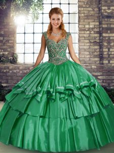 Green Lace Up Straps Beading and Ruffled Layers Ball Gown Prom Dress Taffeta Sleeveless