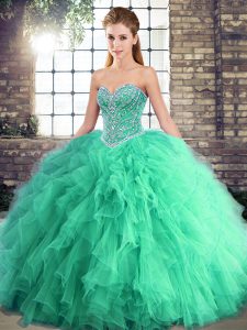 High Class Turquoise Vestidos de Quinceanera Military Ball and Sweet 16 and Quinceanera with Beading and Ruffles Sweetheart Sleeveless Lace Up