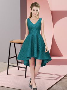 Adorable Teal V-neck Zipper Lace Vestidos de Damas Sleeveless