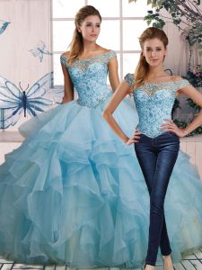 Custom Fit Light Blue Off The Shoulder Lace Up Beading and Ruffles Quinceanera Dress Sleeveless