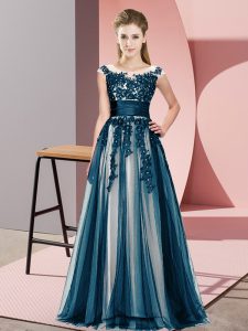 Fitting Scoop Sleeveless Dama Dress Floor Length Beading and Lace Navy Blue Tulle