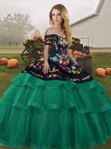 Green Tulle Lace Up Ball Gown Prom Dress Sleeveless Brush Train Embroidery and Ruffled Layers