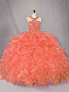 Charming Floor Length Orange 15th Birthday Dress Organza Sleeveless Beading and Ruffles