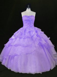 Stylish Lavender Ball Gown Prom Dress Sweet 16 and Quinceanera with Beading and Ruffles Sleeveless